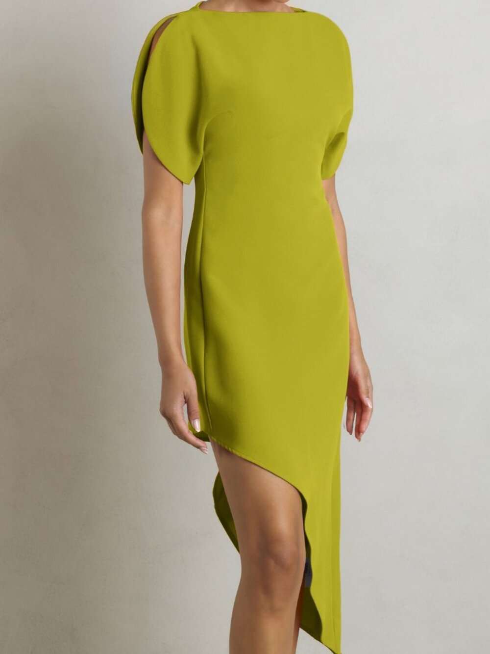 Olive Green Elegant Women's Fitted Asymmetrical Hem Midi Dress